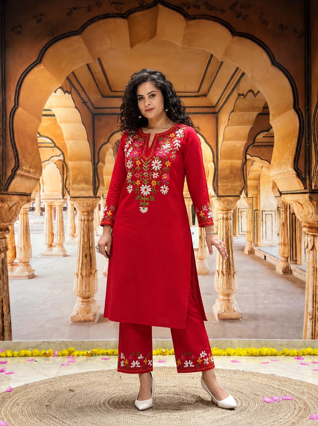 Woman wearing a red embroidered kurta and palazzo set in a traditional Indian palace setting.