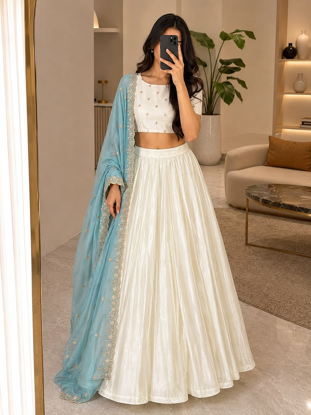 Off-White Chinon Silk Lehenga Set | Flared Festive Suit with Tissue Dupatta
