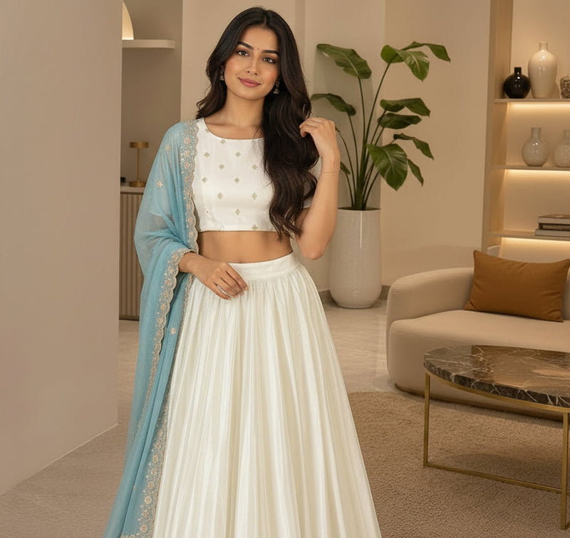 Off-White Chinon Silk Lehenga Set | Flared Festive Suit with Tissue Dupatta