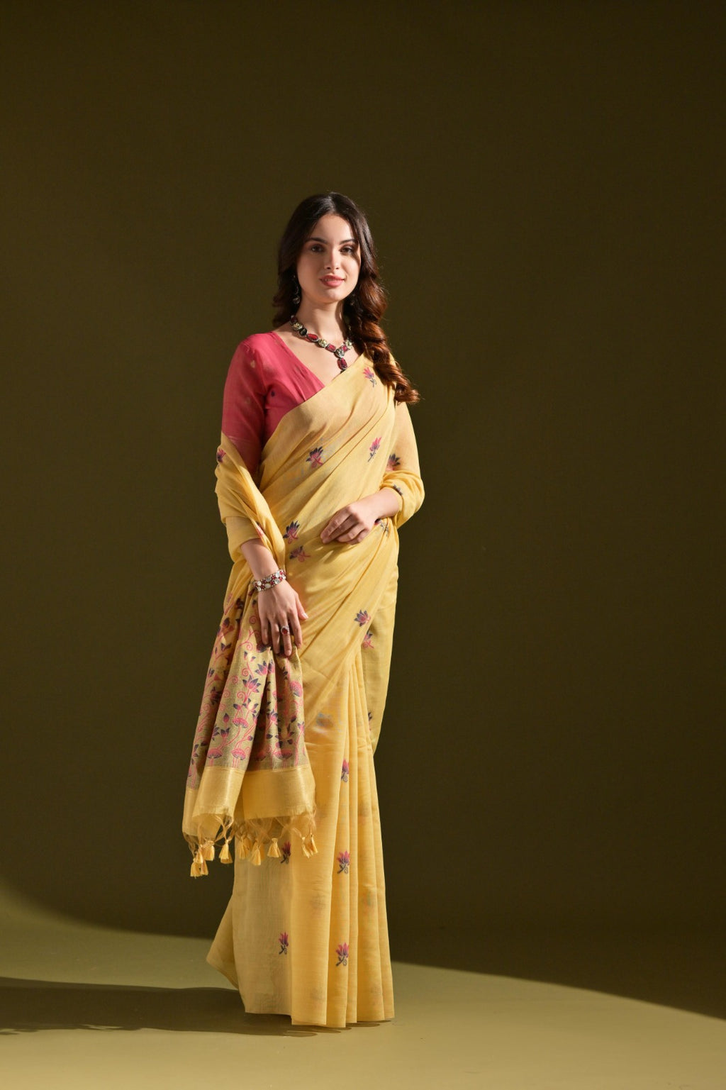 Designer Muga Cotton Saree – Intricate Resham Weave & Pichwai Inspired Motif