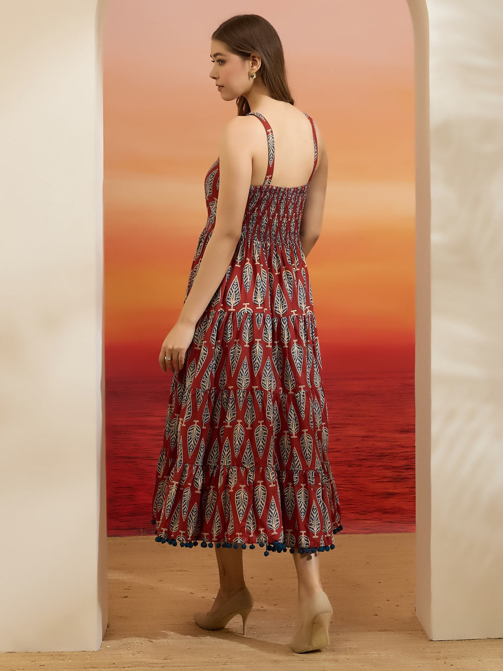 Maroon Leaf-Print Cotton Fit & Flare Dress with Pom-Pom Lace