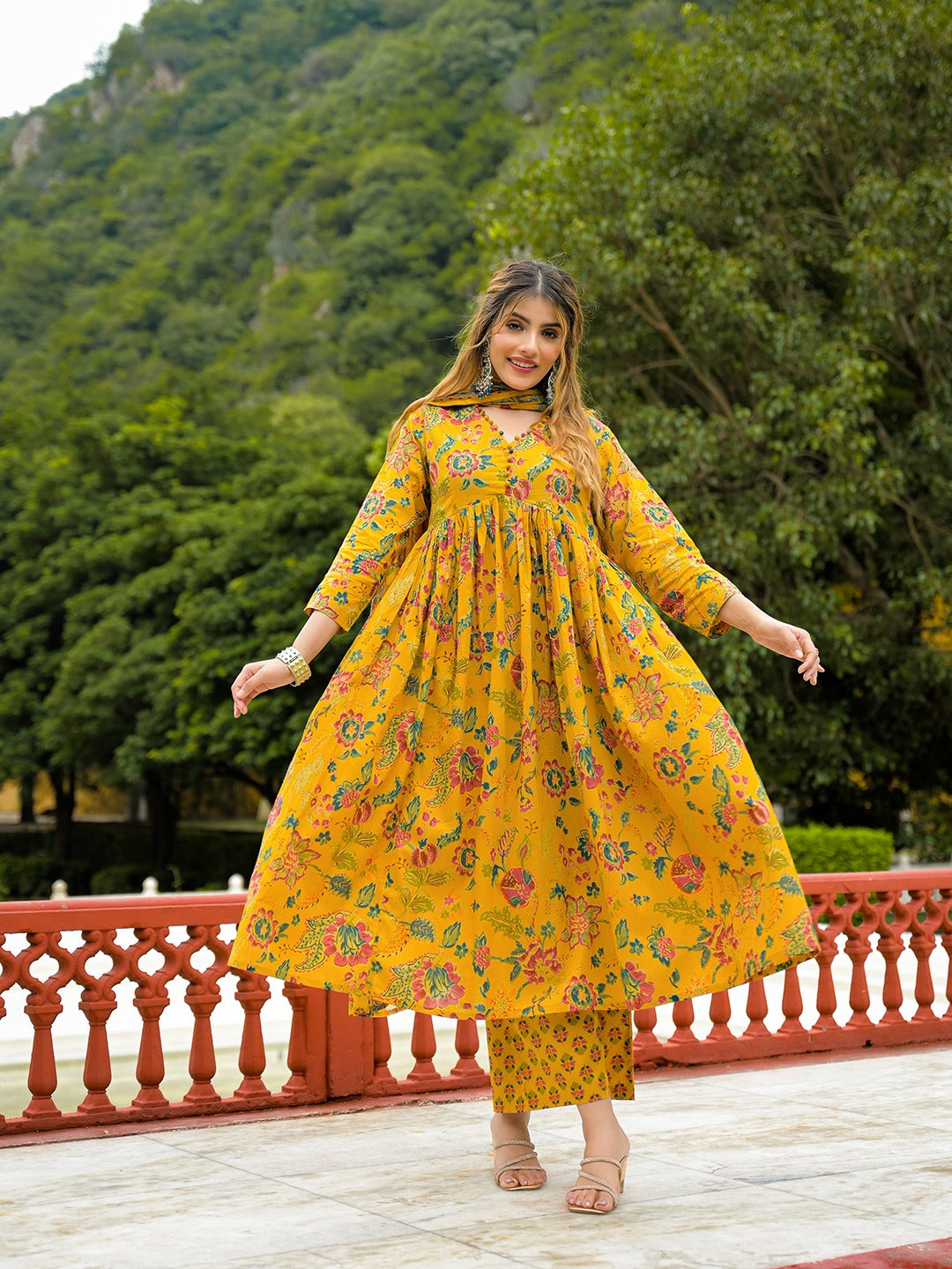 Mustard Yellow Floral Printed Pure Cotton Flared Anarkali Kurta Set with Palazzo & Dupatta