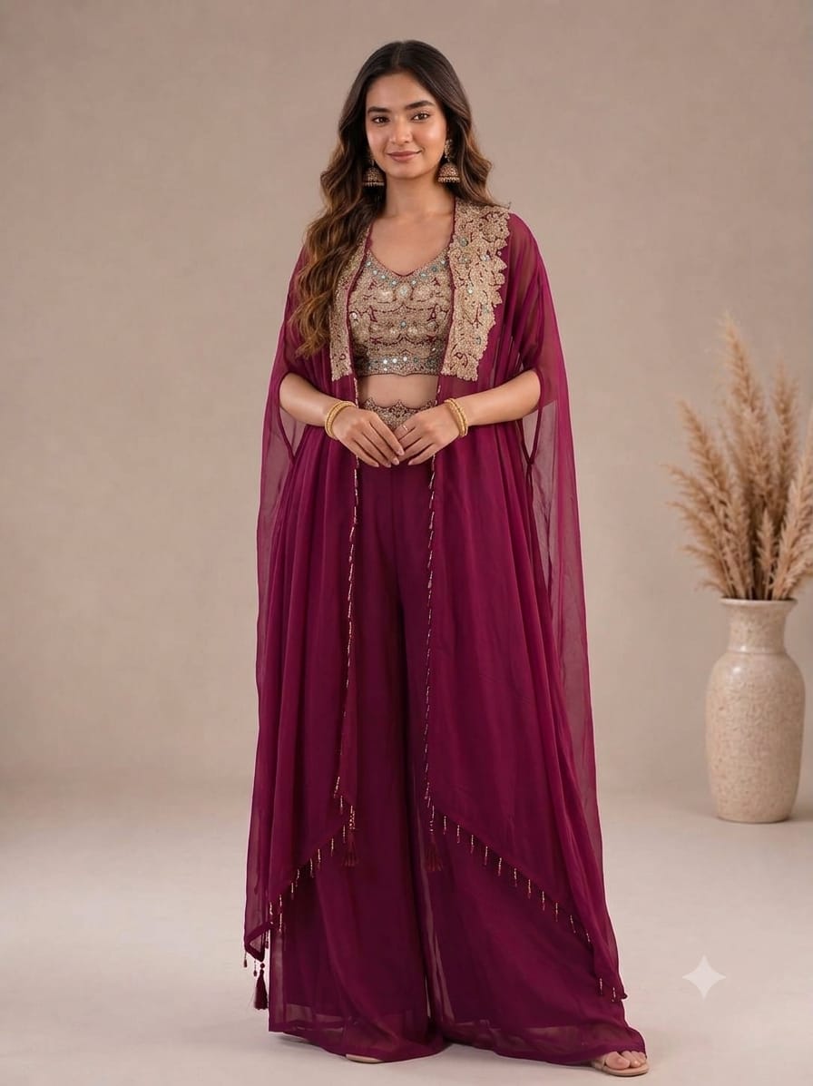Ethereal Grace & Modern Drama: Flowy Apple Organza Sharara Set with Embroidered Blouse & Floor-Length Shrug