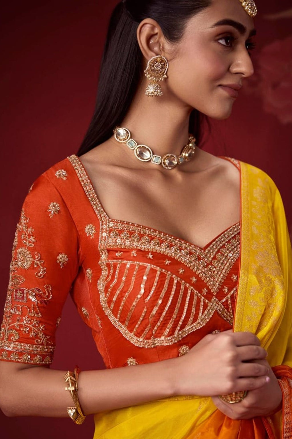 Ombré Dola Crape Silk Saree with Handcrafted Kundan Blouse
