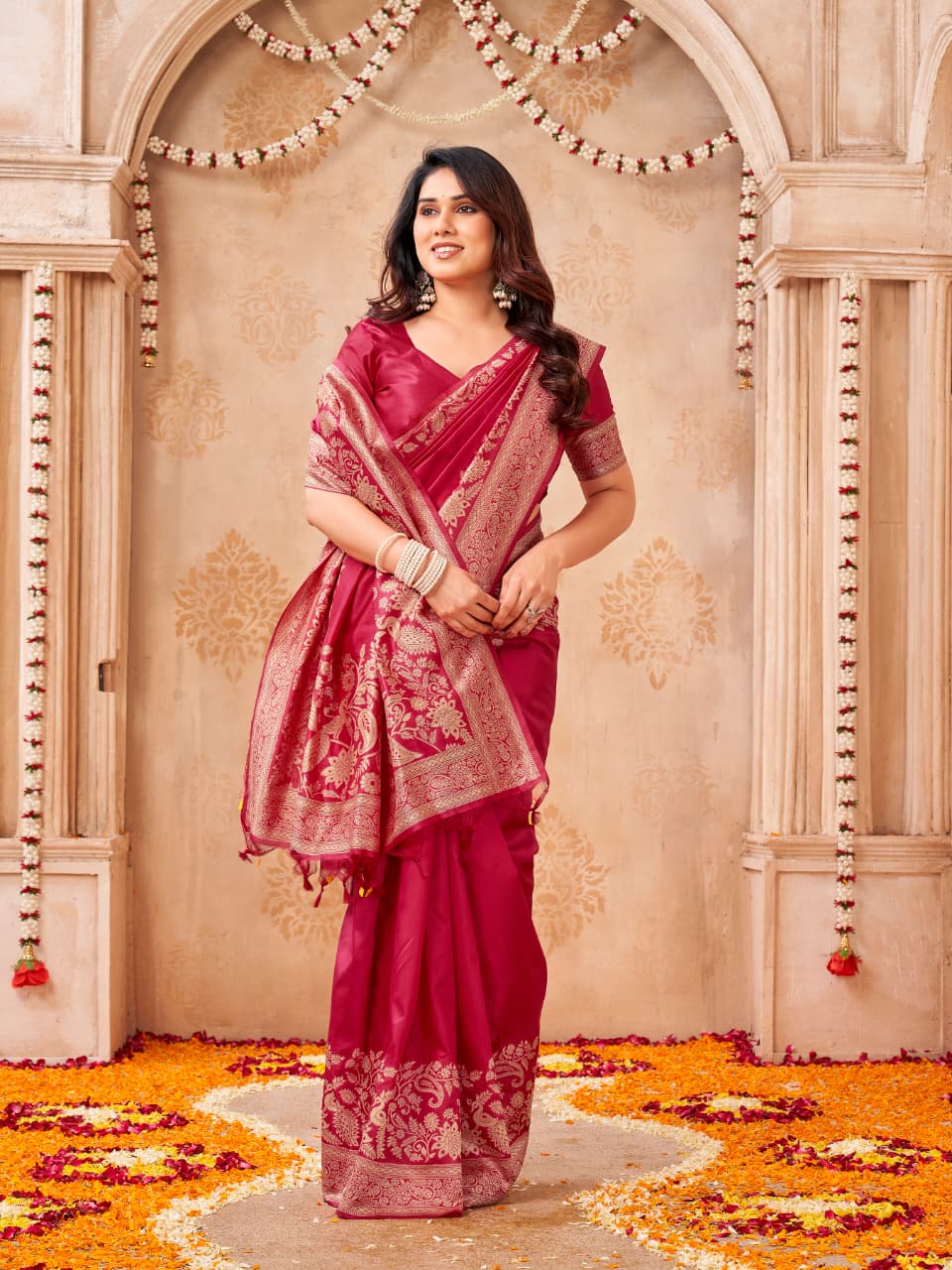 Bangalori Handloom Raw Silk Saree with Intricate Peacock & Jal Weaves