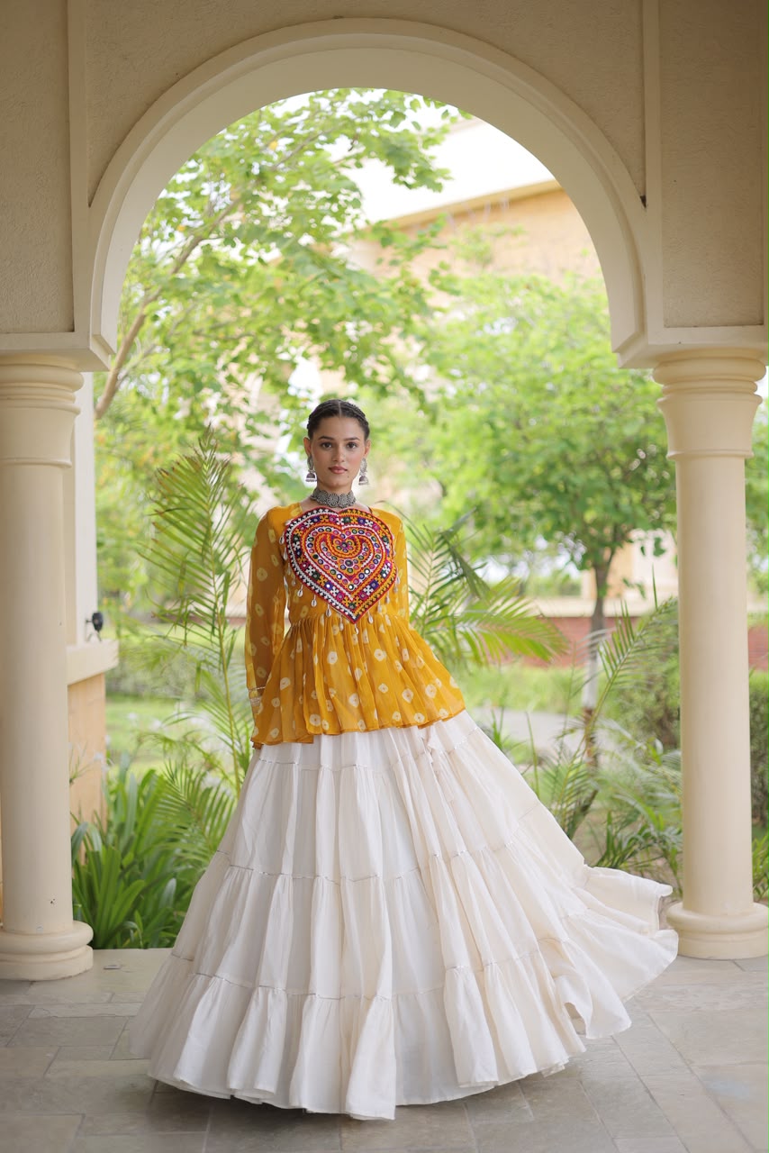 Kutchi Gamthi Patchwork Bandhani Top with Tiered Kora Cotton Lehenga