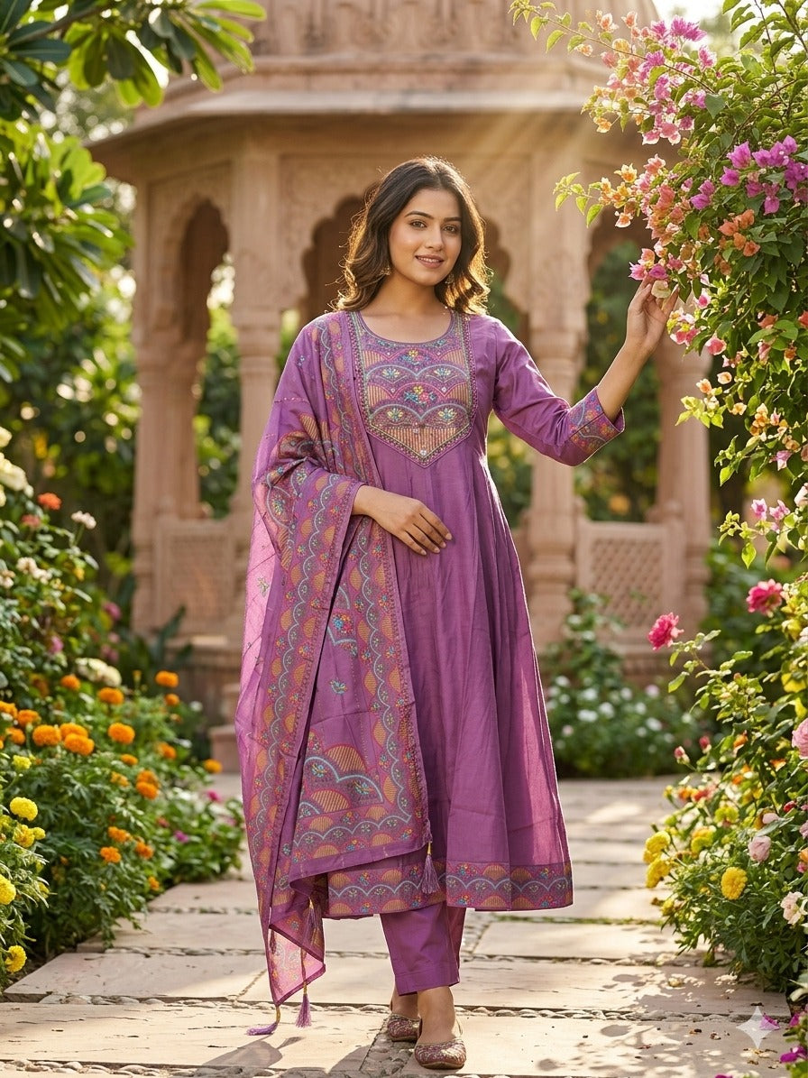 Elegant Lavender-Mauve Roman Silk Suit Set with Handwork Yoke