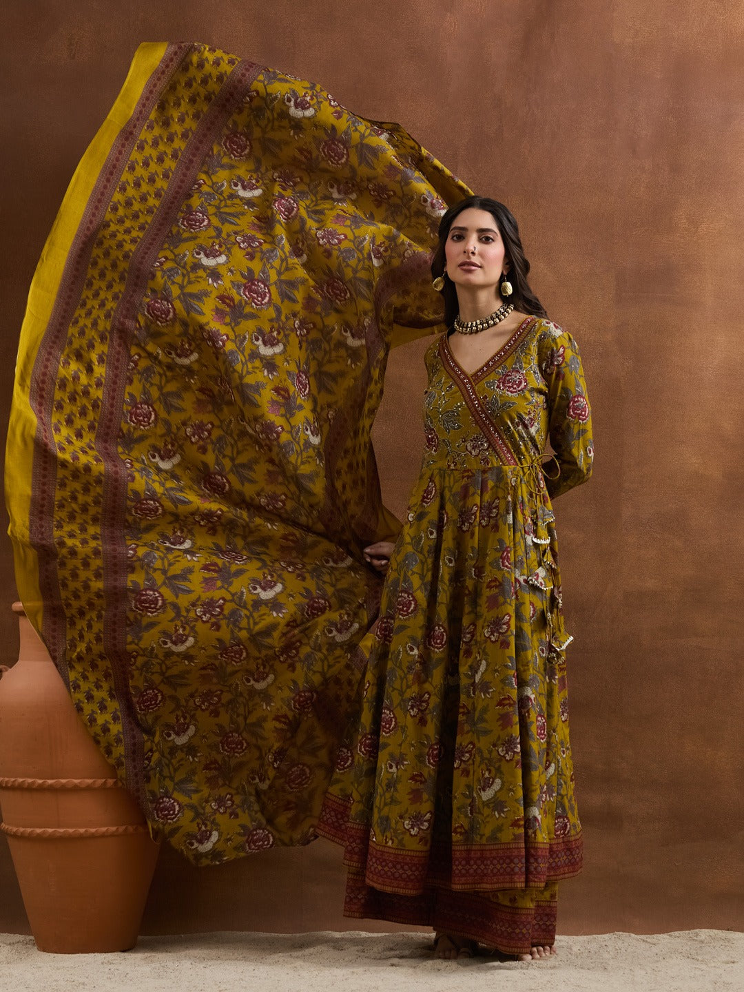 Elegant Mustard Yellow Floral Cotton Anarkali Set with Latkans & Dupatta
