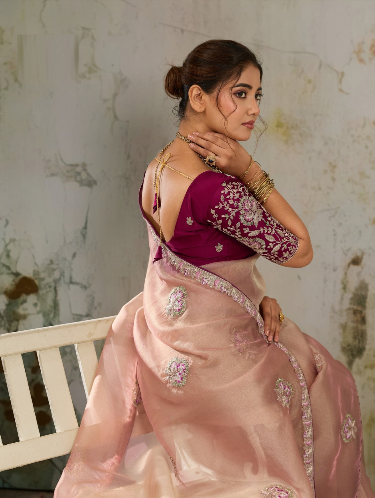 Metallic Tissue Saree with Pita Zari & Antique Sleeve-Embroidered Satin Blouse