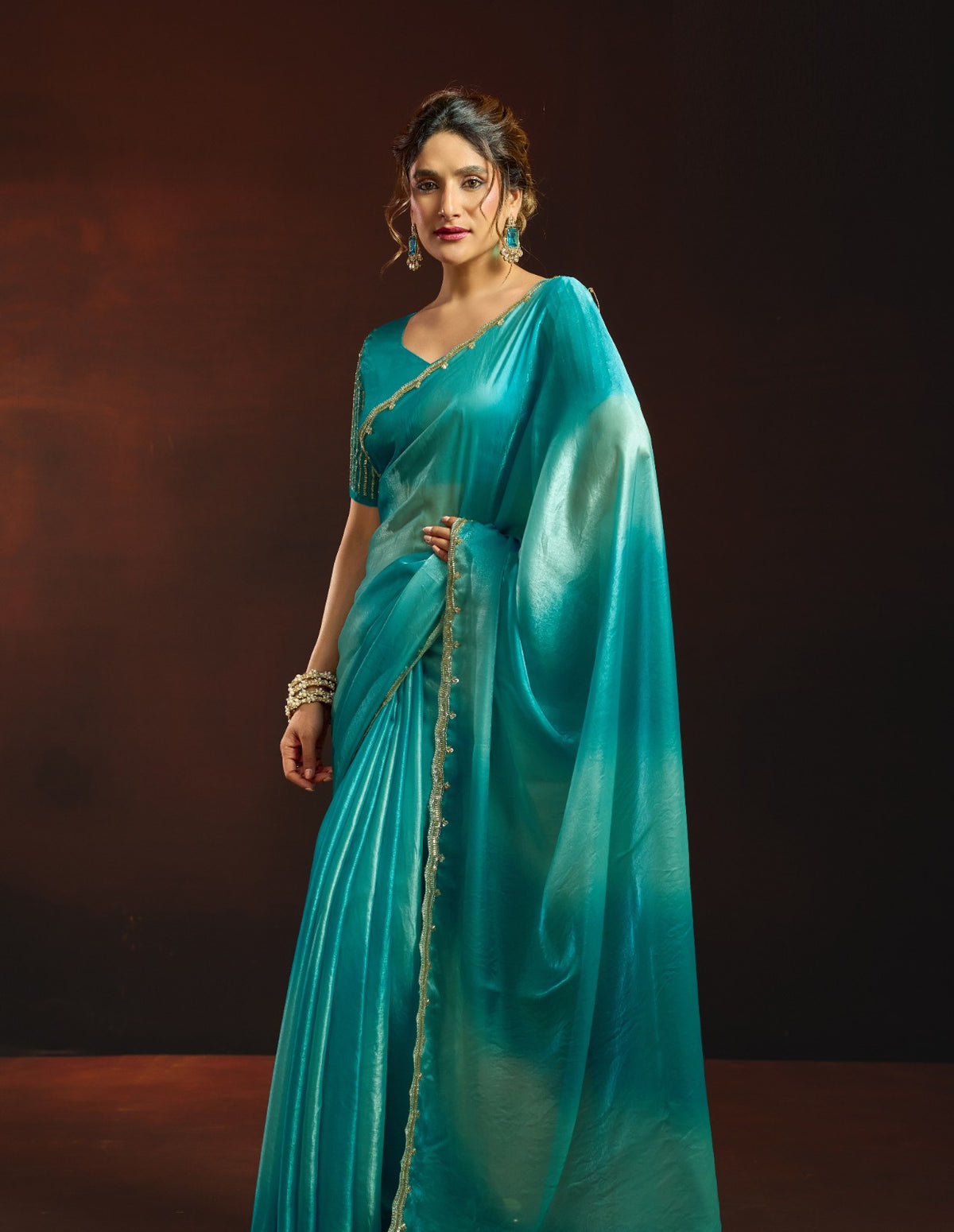 Dual-Tone Digital Shaded Fandy Satin Saree with Intricate Beadwork Border