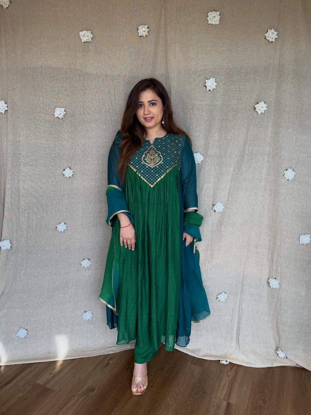 Pure Handcrafted Royalty! 2-Tone Green Mal Chanderi Anarkali 4-Piece Set