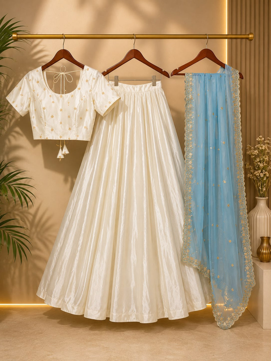 Off-White Chinon Silk Lehenga Set | Flared Festive Suit with Tissue Dupatta