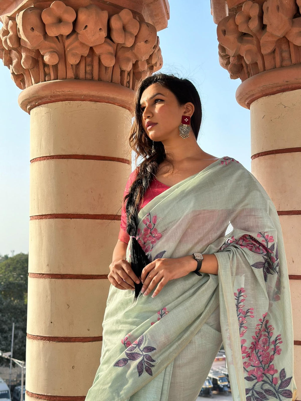 Premium Soft Muga Silk Saree with All-Over Floral Weaving & Contrast Blouse