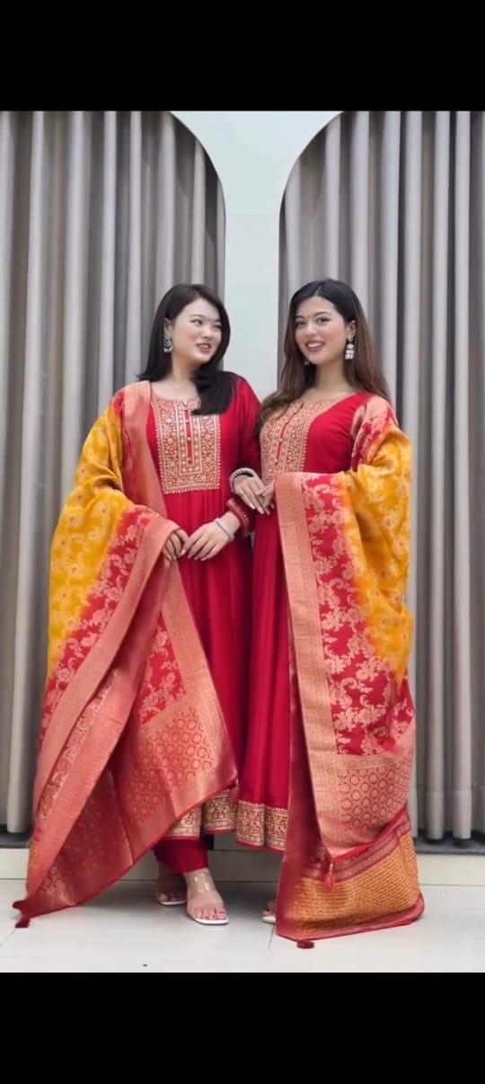 Royal Golden Zari Banana Silk Anarkali Kurti Set with Banarasi Dupatta