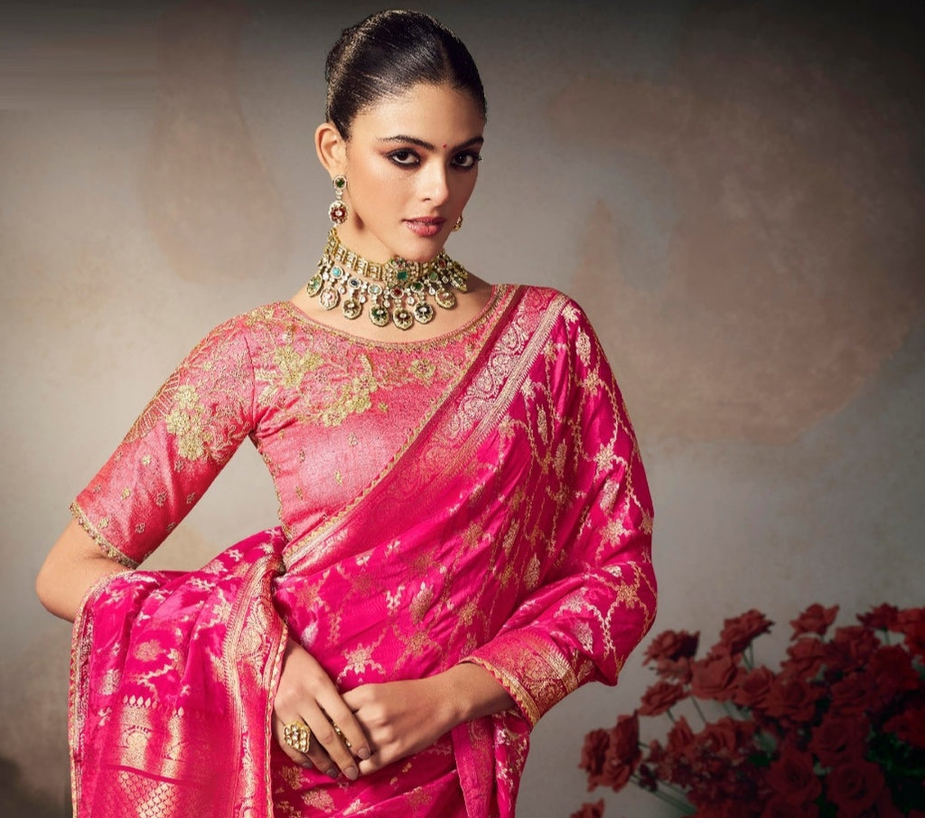 Chiniya Silk Saree with Designer Lace Border & Heavy Embroidered Silk Blouse