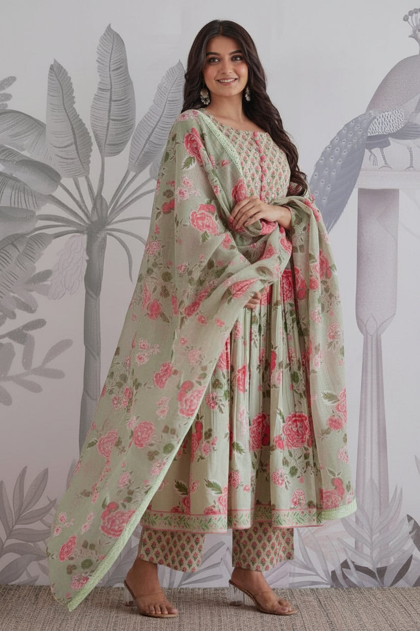 Pure Jaipuri Cotton Floral Anarkali 3-Piece Set with Handwork Yoke & Lace Dupatta