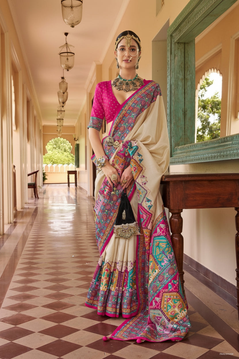 Mercerized Sigma Silk Saree | Classic Position Print in Tussar Color