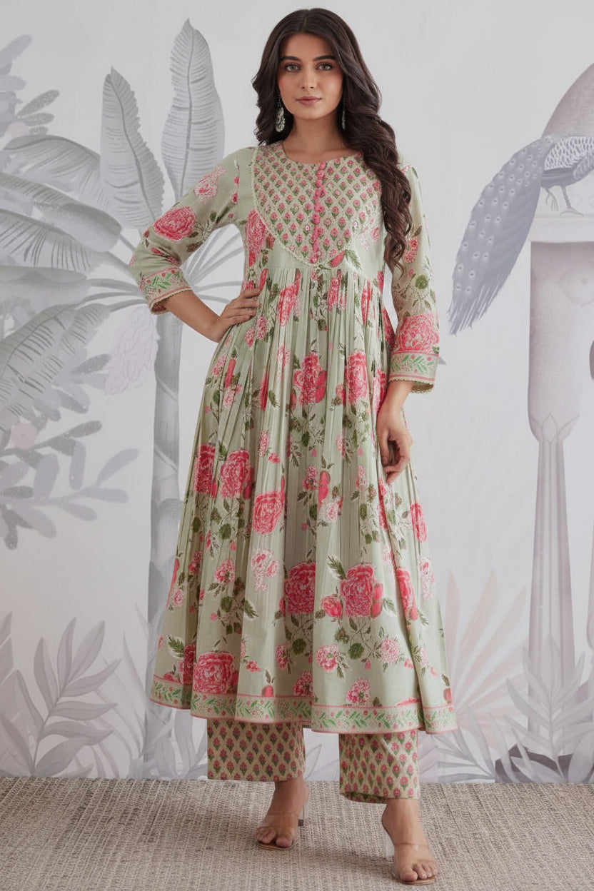Pure Jaipuri Cotton Floral Anarkali 3-Piece Set with Handwork Yoke & Lace Dupatta