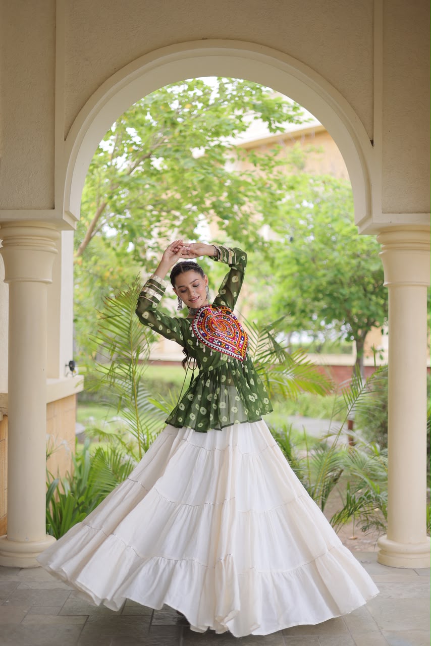 Kutchi Gamthi Patchwork Bandhani Top with Tiered Kora Cotton Lehenga