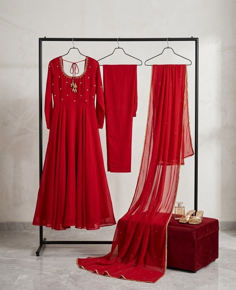 Elegance in Motion: Regal Maroon Fox Georgette Anarkali Suit Set with Intricate Handwork