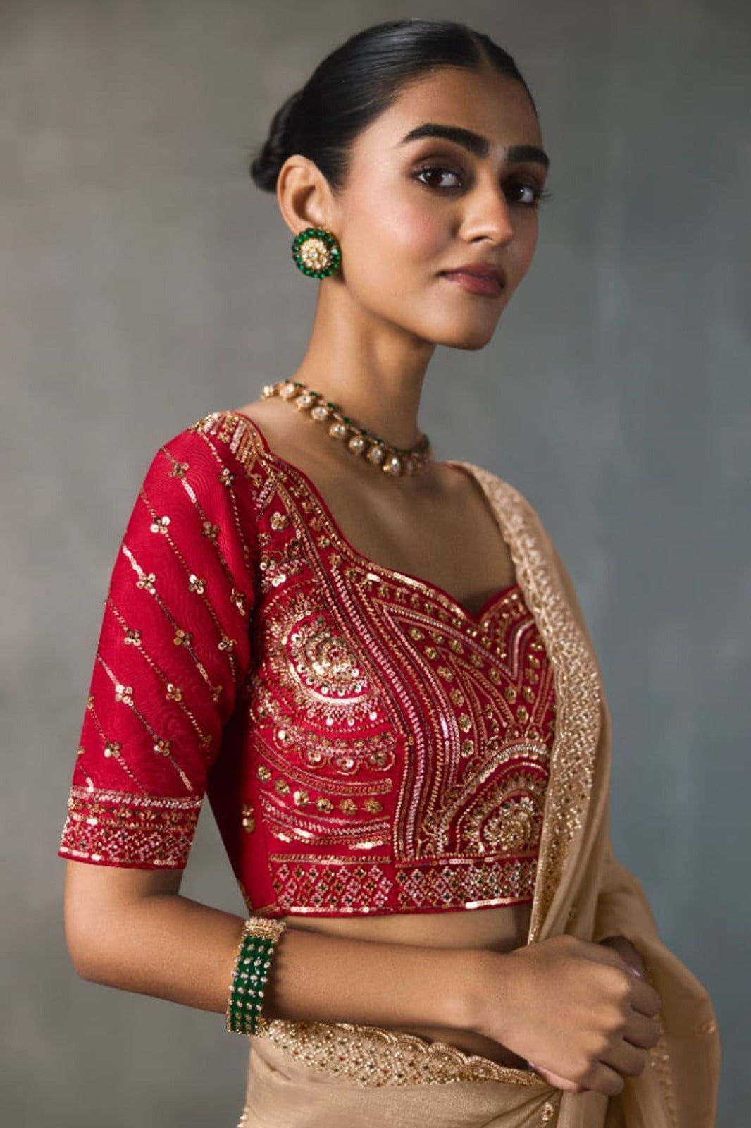 Embellished Sheer Silk Saree with Heavy Contrast Work Blouse