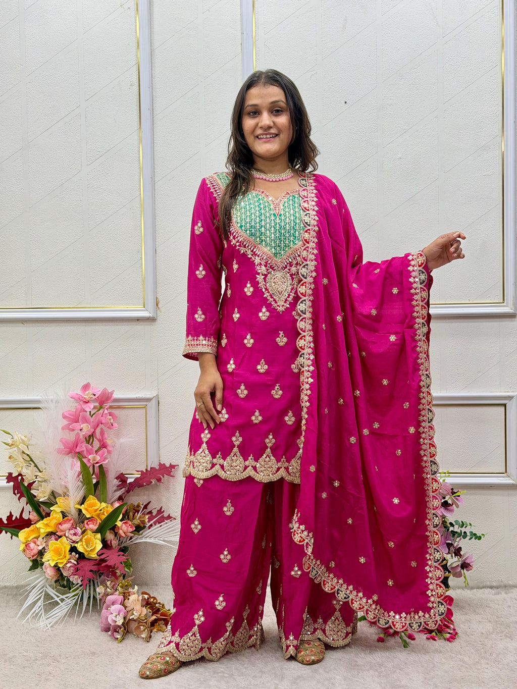 Gleam in Opulence: Fully Stitched Chinon Silk Sharara Suit Set with Emerald Yoke & Mirror Diamond Handwork