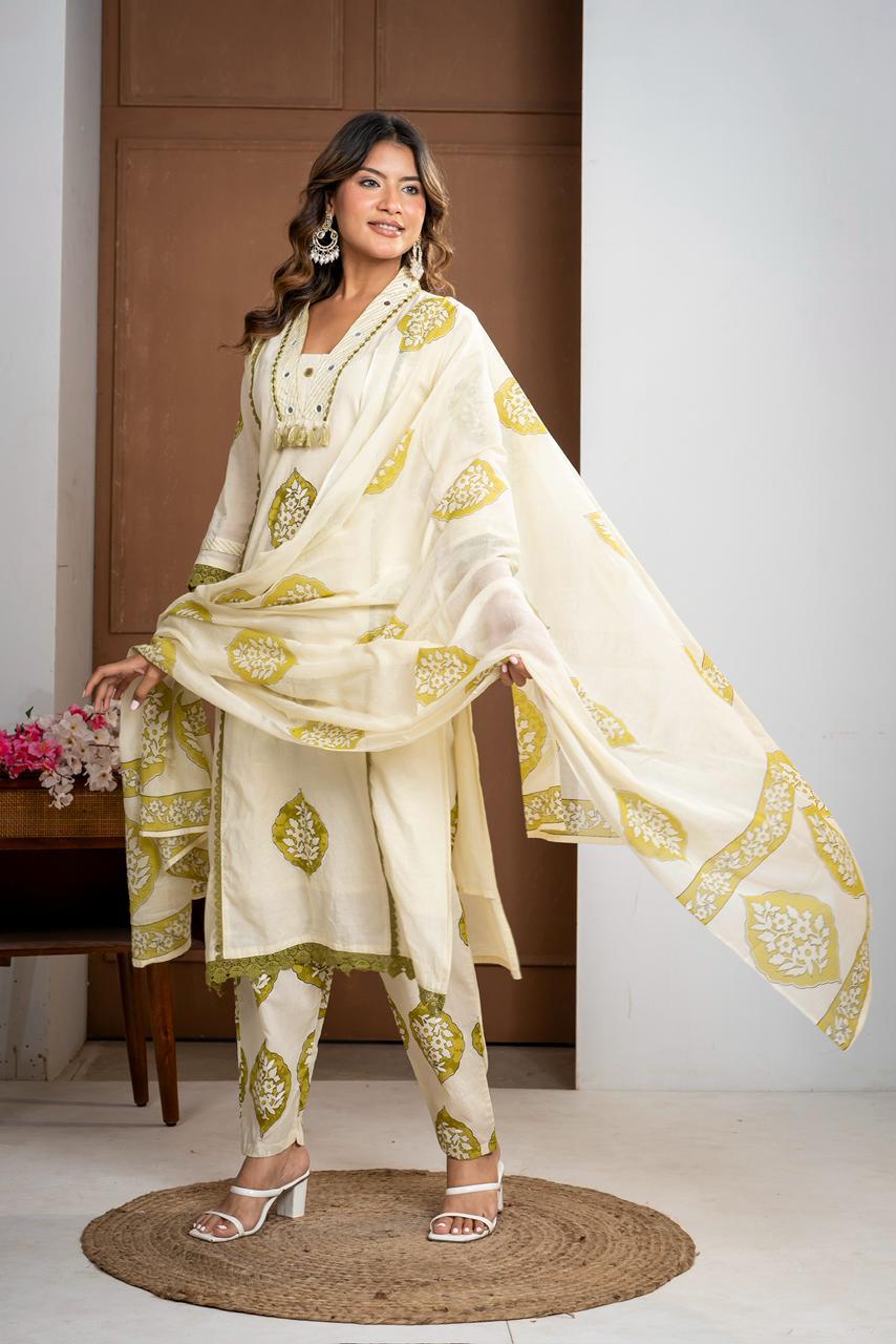 Premium Mal Cotton Floral Printed Suit Set with Embroidered Neckline & Lace Accents