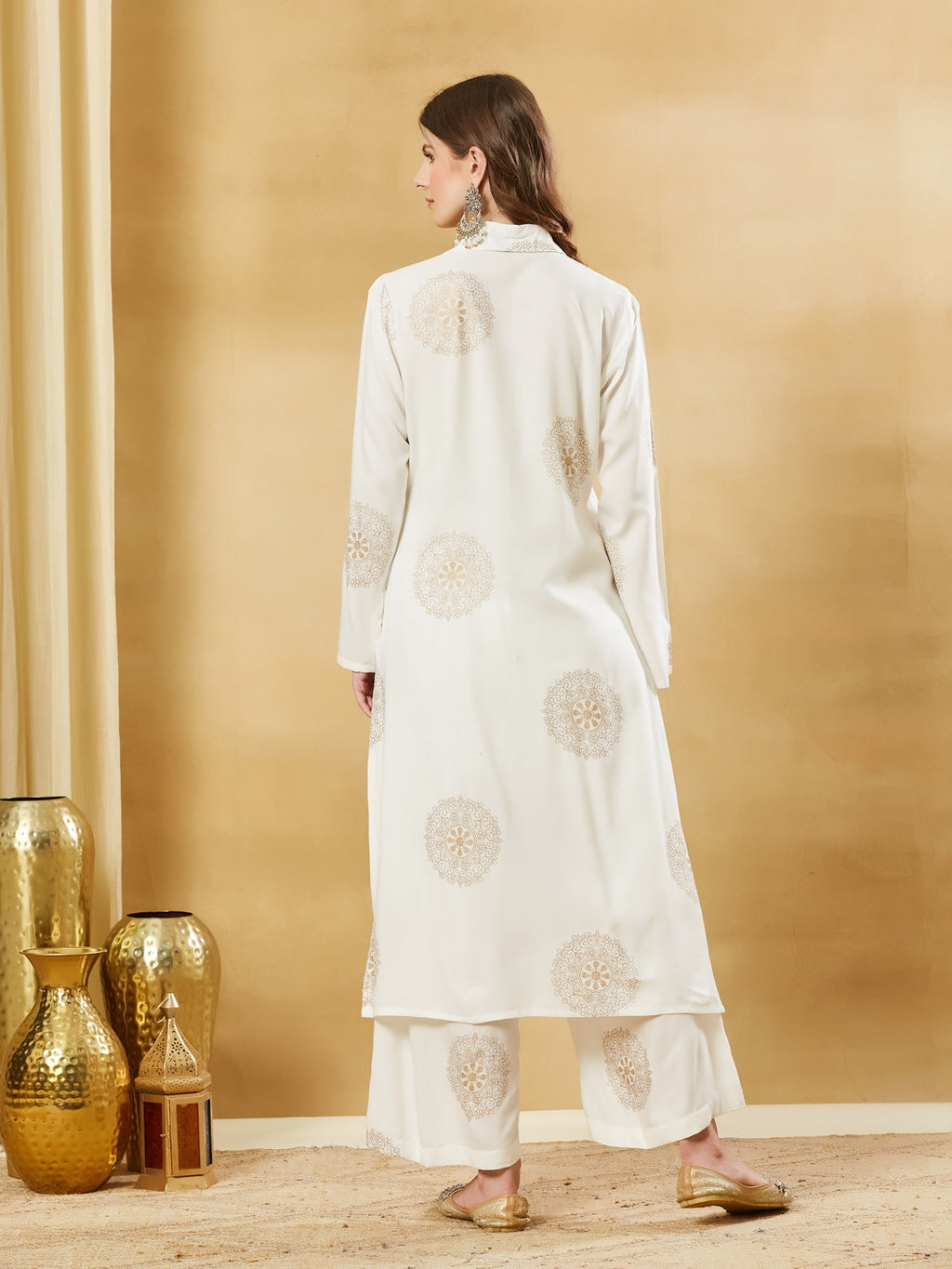 White Rayon Foil Print Kurta Palazzo Sets