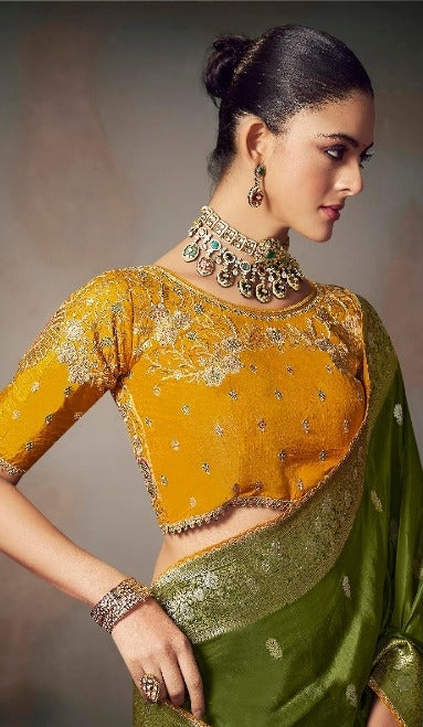 Chiniya Silk Saree with Designer Lace Border & Heavy Embroidered Silk Blouse