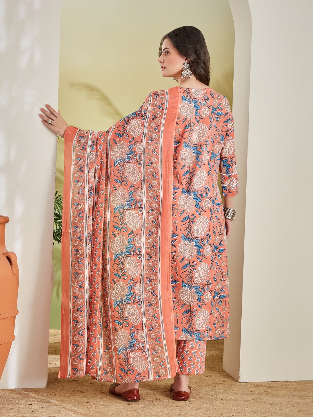 Floral Printed Straight Fit Pure Cotton Orange Kurta with Trousers & Dupatta