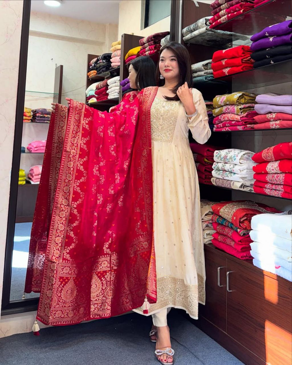 Golden Zari Banana Silk Anarkali Suit Set with Banarasi Silk Dupatt