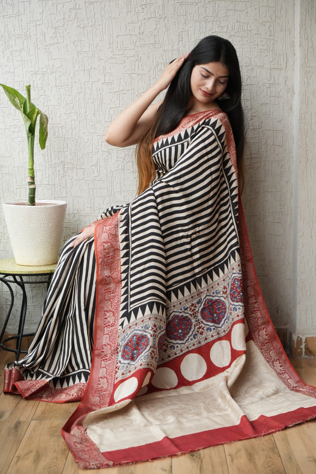 Pure Dola Silk Ajrakh Hand Block Printed Saree with Elegant Printed Blouse