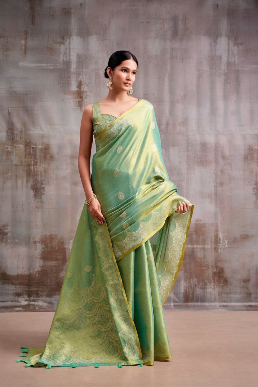 Luminous Grace: Designer Tissue Silk Saree with Matching Blouse Piece