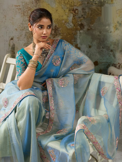 Metallic Tissue Saree with Pita Zari & Antique Sleeve-Embroidered Satin Blouse