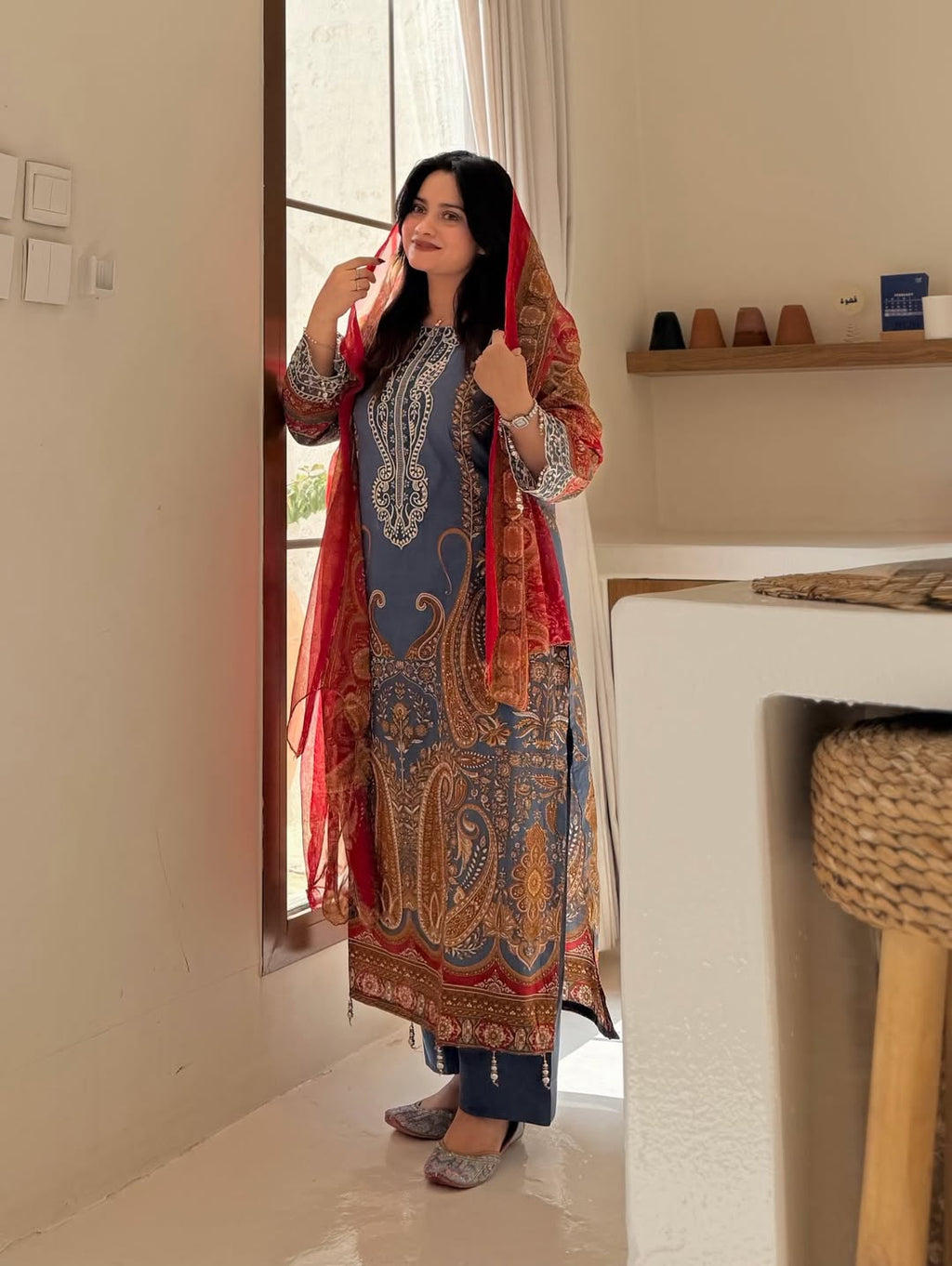 Everyday Glamour: Premium Heavy Cotton Printed Kurta Set with Shimmering Sequin Embroidery