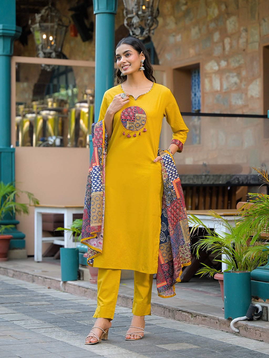 Mustard Cotton Kurta Sets With Dupatta