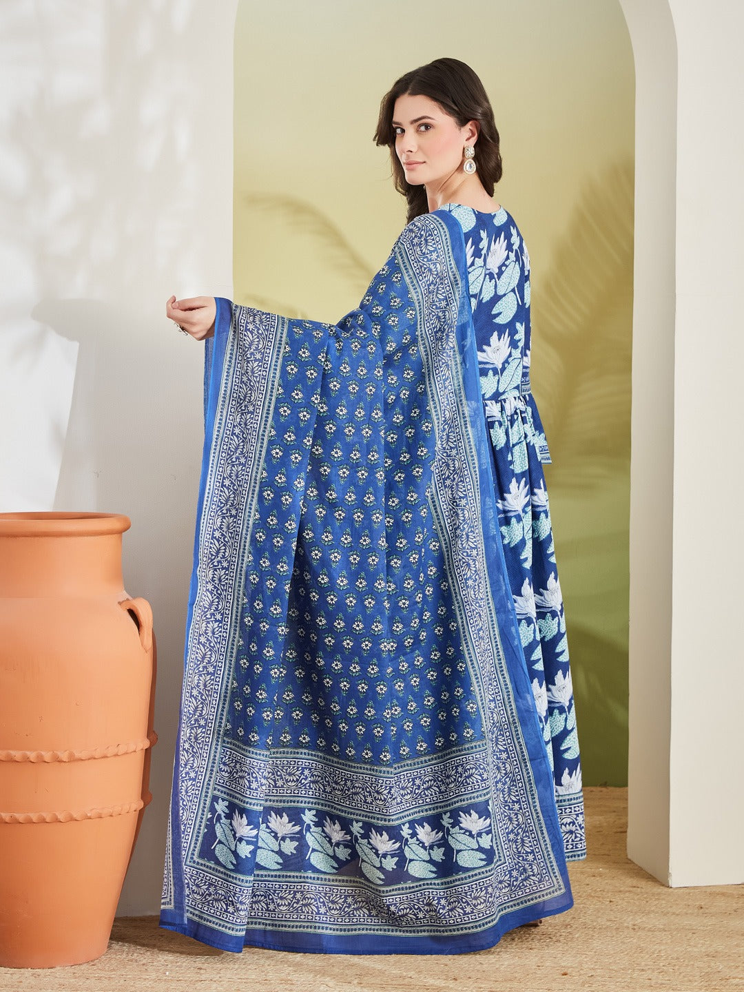 Women Floral Printed Blue Angrakha Style Anarkali Kurta with Trousers & Dupatta