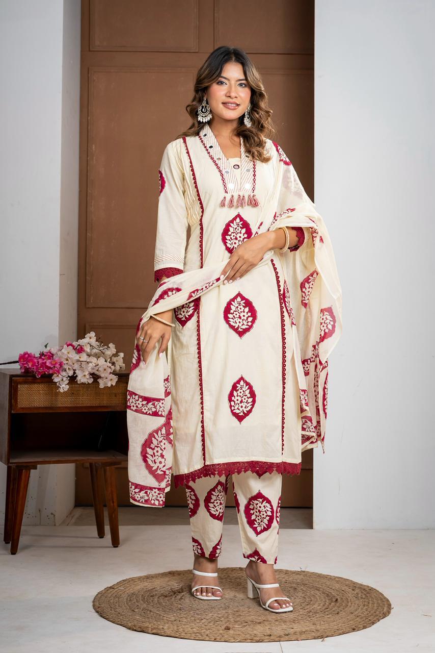 Premium Mal Cotton Floral Printed Suit Set with Embroidered Neckline & Lace Accents