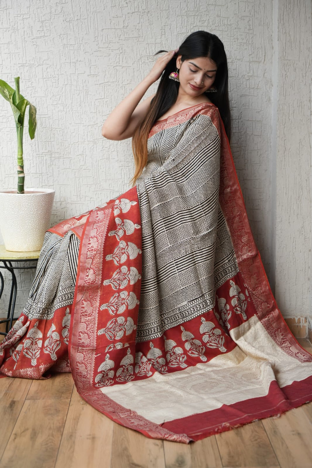 Pure Dola Silk Ajrakh Hand Block Printed Saree with Elegant Printed Blouse