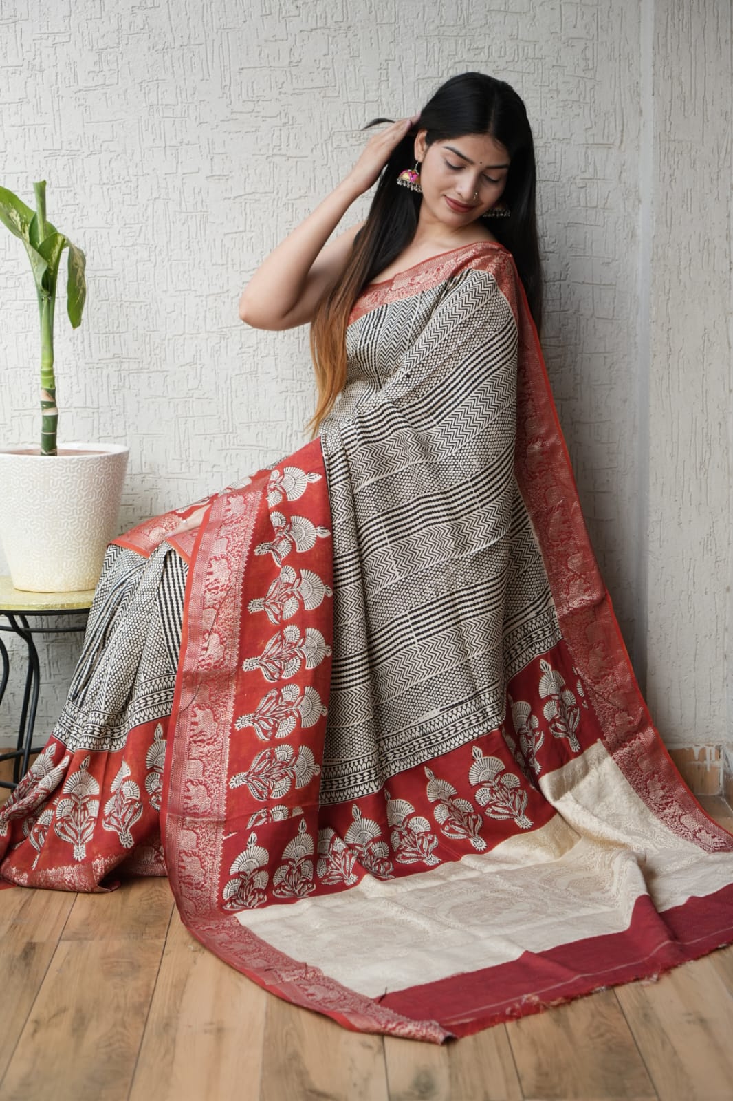 Pure Dola Silk Ajrakh Hand Block Printed Saree with Elegant Printed Blouse