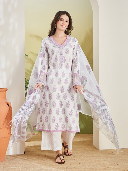 White and lavender floral printed kurta with matching dupatta, ideal for casual wear