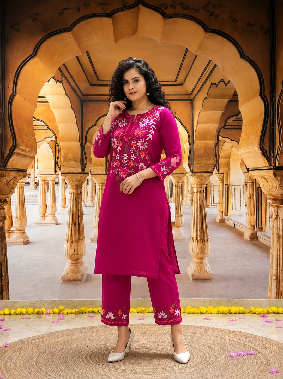 Woman in a magenta embroidered Indian ethnic kurta and pant set posing in a carved archway.