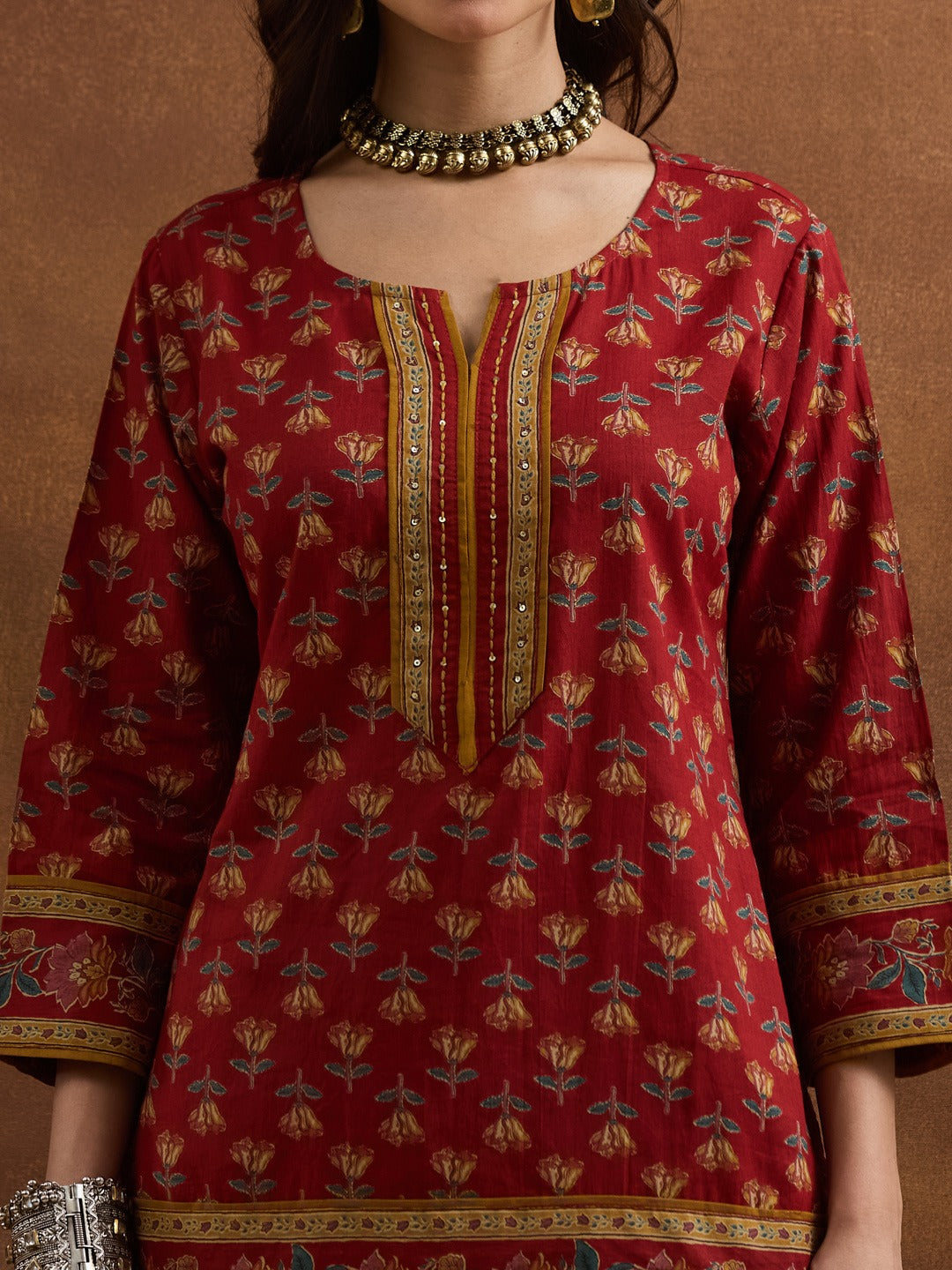 Red Floral Printed Cotton Straight Kurti Skirt & Dupatta Set