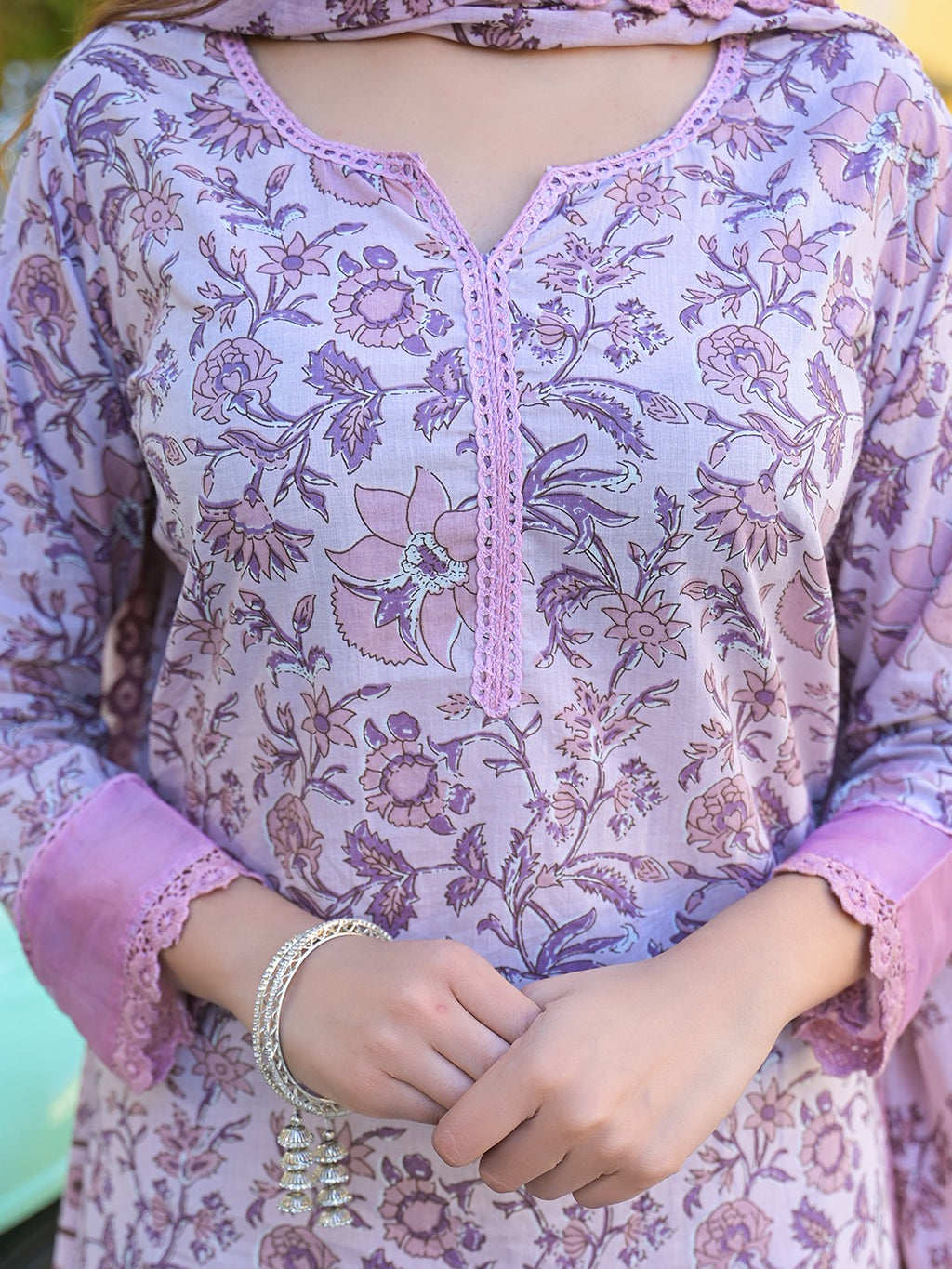 Light Purple Floral Printed Kurta Pant with Dupatta