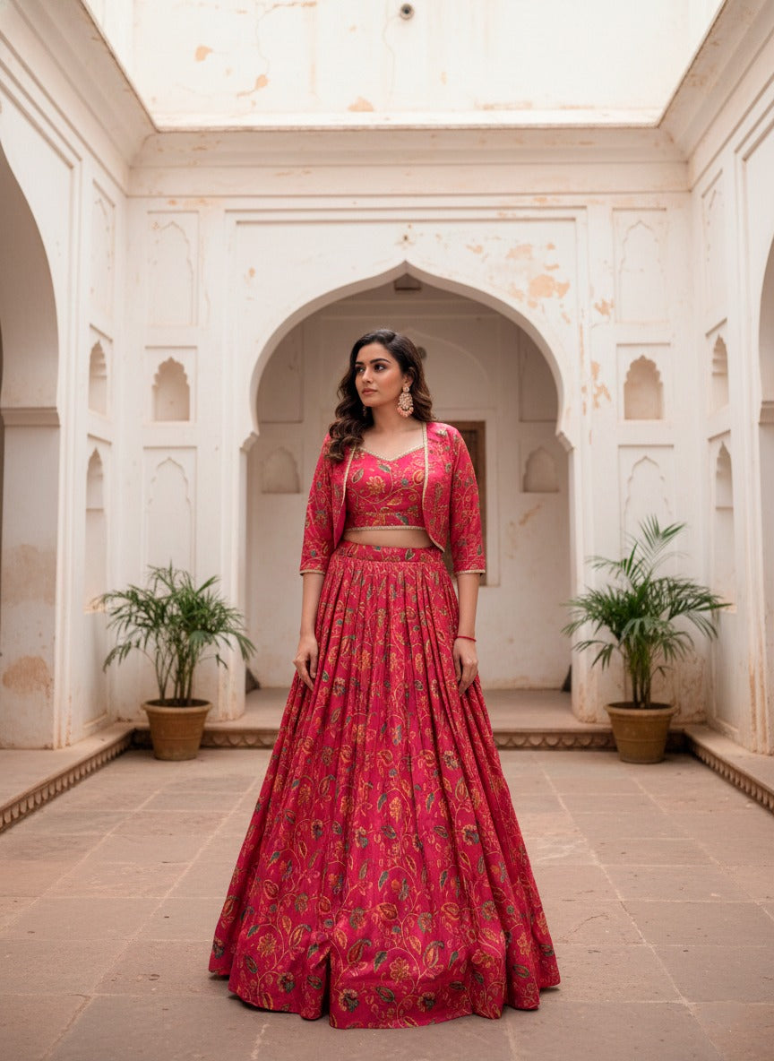 Bloom in Grace: Floral Tussar Silk Wedding Lehenga with Gota Patti & Coordinating Jacket