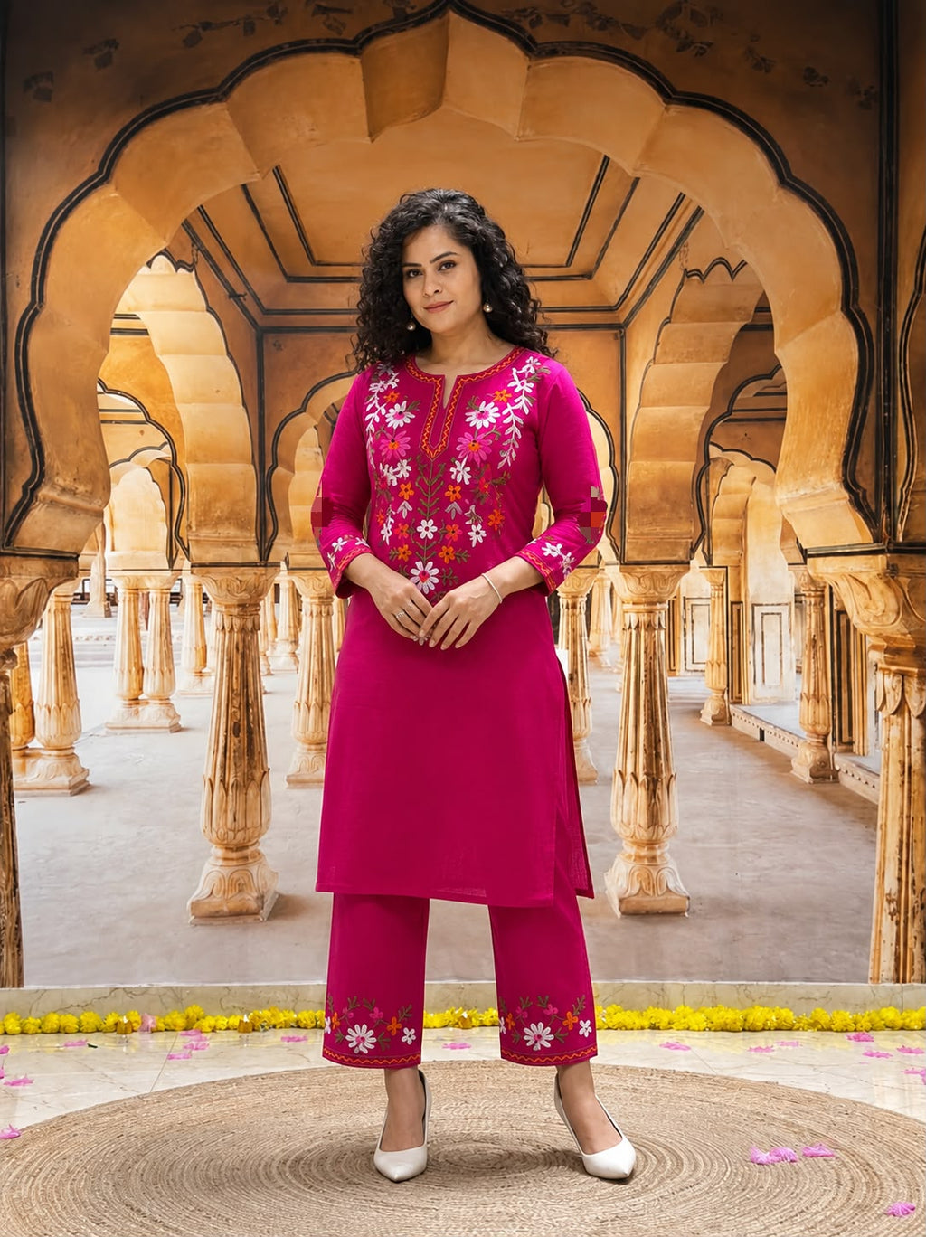 Woman wearing a magenta embroidered Indian ethnic kurta set in a traditional arched courtyard.