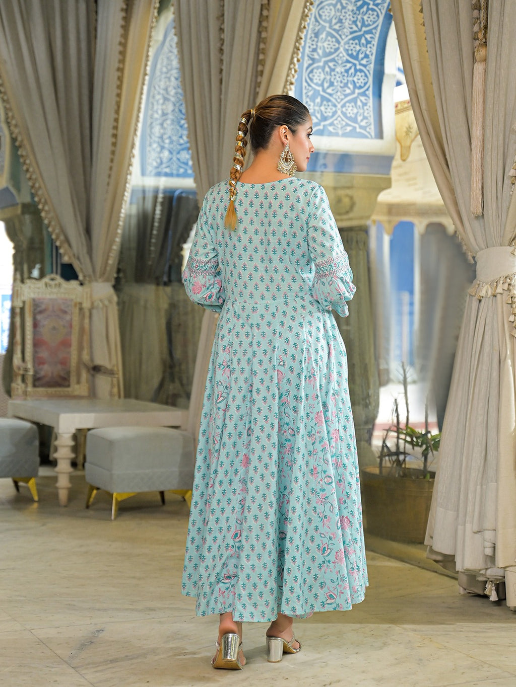 Sky Blue Printed Pure Cotton Anarkali Suit Set