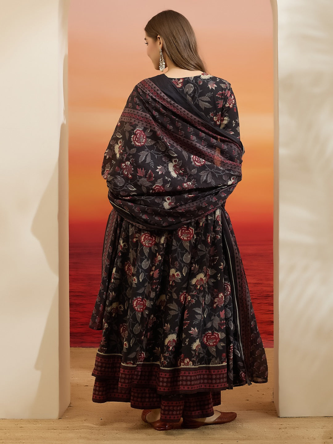 Elegant Black Floral Cotton Anarkali Set with Latkans & Dupatta