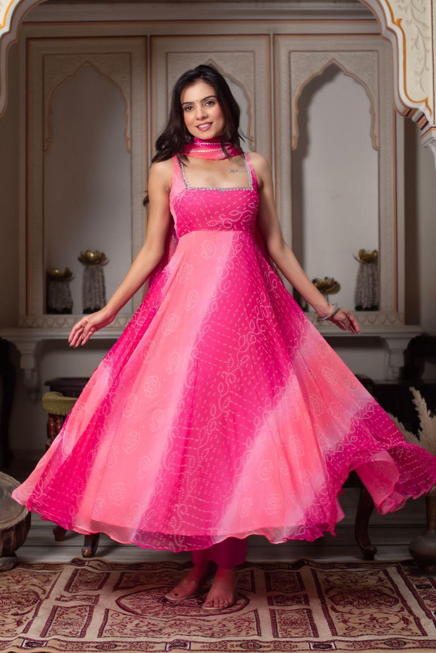 Radiant Pink Georgette Anarkali Suit with Dupatta & Palazzo