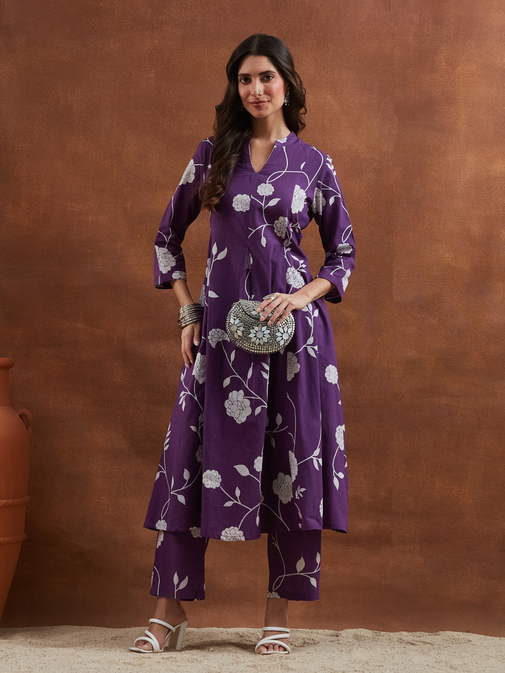 Purple Cotton Printed Anarkali Kurta Set with Mandarin Split V-Neck